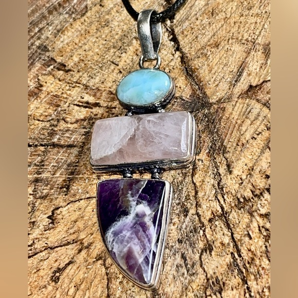 handmade & handcrafted gemstone jewelry Jewelry - Rose Quartz, Amethyst & Larimar Crystal Pendant 3”